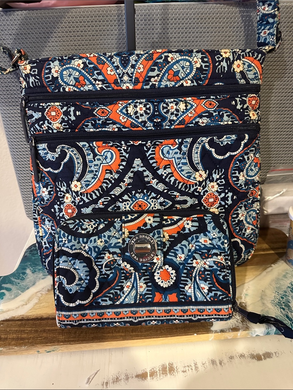 Vera Bradley Navy Paisley Quilted Crossbody with Orange & Light Blue Accents